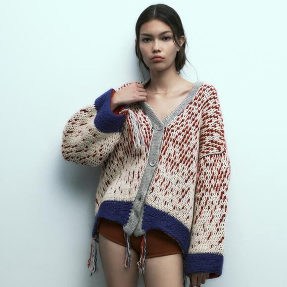 Zara Fringed Knit Wool Blend Cardigan - Picture 3 of 10